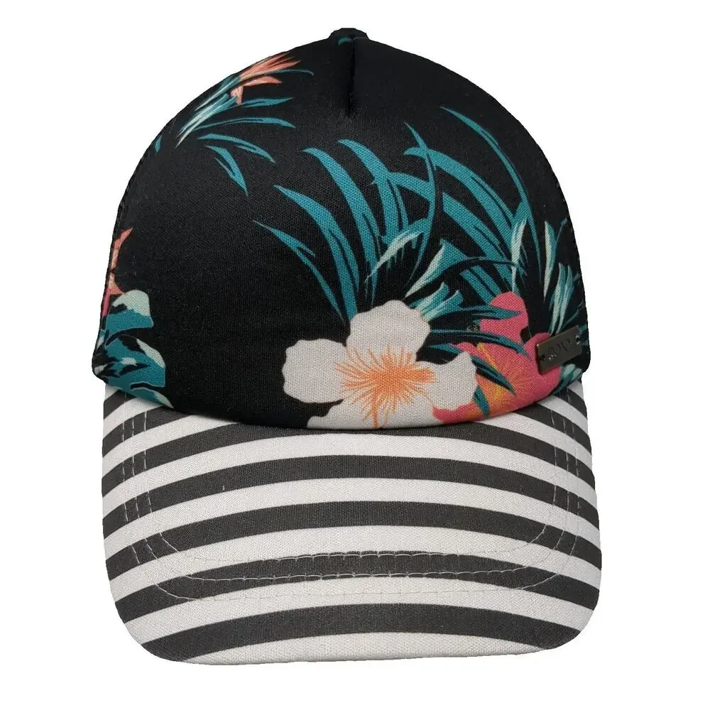 Roxy Trucker Hat Black Floral Hibiscus Striped One Size Mesh Snapback Bill